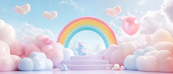 Background podium baby cute product 3d cloud kid children display banner room toy design blue. Podium scene background rainbow baby stand studio presentation shower template stage poster sky