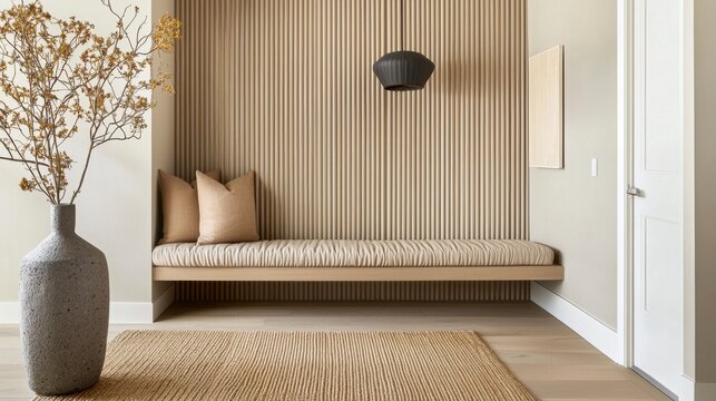 Scandinavian entryway with warm beige and earthy brown hues, plush built in upholstered bench without legs, fluted wooden accent wall with hidden LED strip