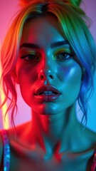 Obraz premium Woman with rainbow colored hair and makeup is the main focus of the image. The lighting and colors give the photo a vibrant and energetic feel