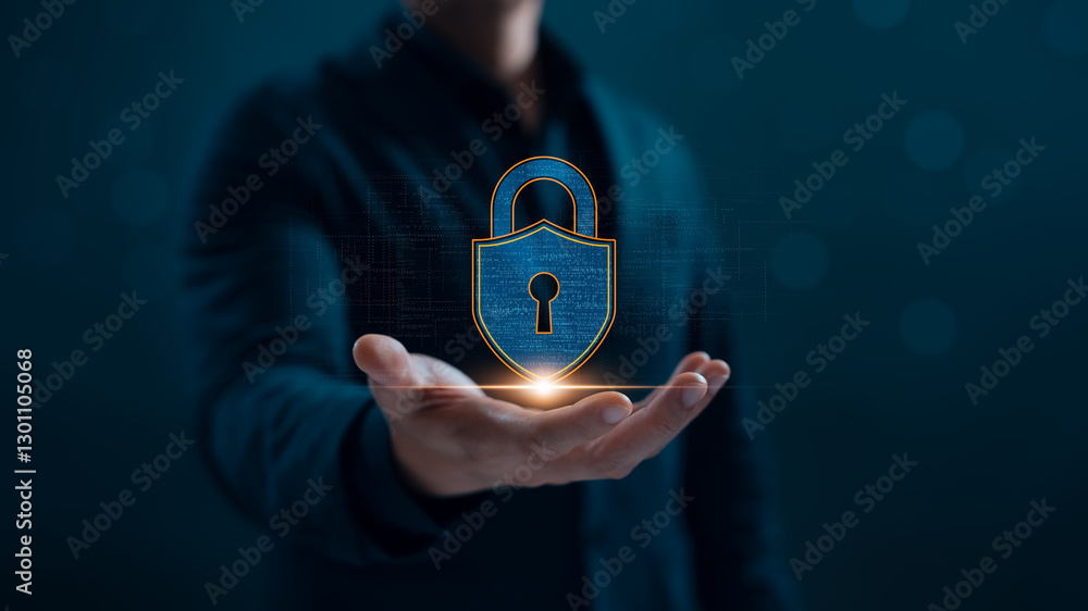 Poster cyber security and network data protection, businessman holding security padlock internet network, e