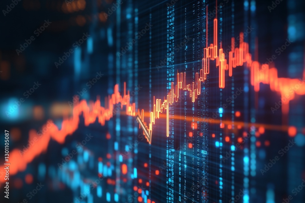 Poster 3d render of an upward arrow on a financial graph with blue background and macro photography effect