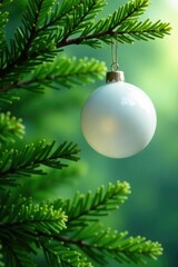 White glass ball ornament amidst lush evergreen foliage, branch,