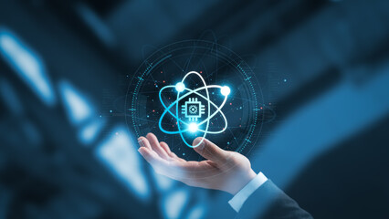 Quantum Computing Technology, Businessman Hand holding in control of quantum computer connecting global network, Blockchain, Artificial intelligence, high performance data analysis, Future technology.