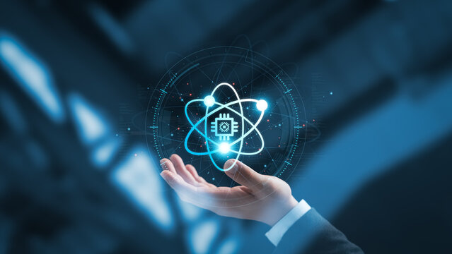 Quantum Computing Technology, Businessman Hand holding in control of quantum computer connecting global network, Blockchain, Artificial intelligence, high performance data analysis, Future technology.