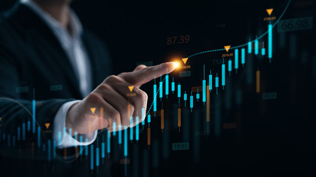 Businessman touching economic growth chart graph, finance investment and accounting, business development leading to success, company growth data analysis, global economic trend analysis.
