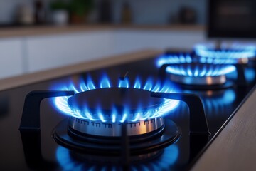 Close up of a contemporary kitchen featuring three gas stoves with blue flames and stylish decor