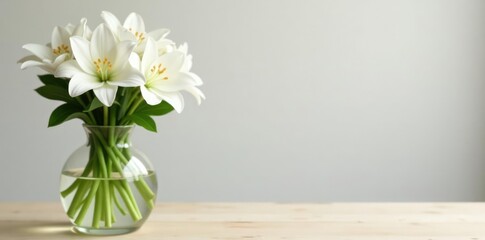 White Lisianthus flowers in a clear glass vase on a light wood table top, flowers, wood, vase