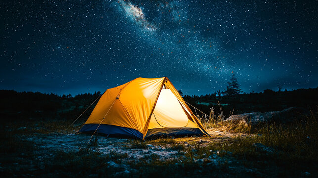 Illuminated yellow tent camping under a starry night sky with milky way galaxy dark wild stars light