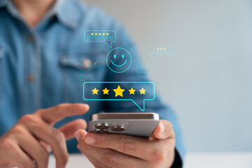 Customer satisfaction survey, consumers use smartphones via online applications to rate 5 stars for...