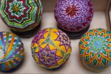 Temari. Traditional Japanese souvenir balls. Craft fair.