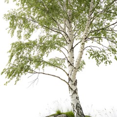 Fototapeta premium Tall birch tree standing alone with a textured bark pattern and fresh spring leaves, isolated on white, perfect for botanical and nature themed visuals