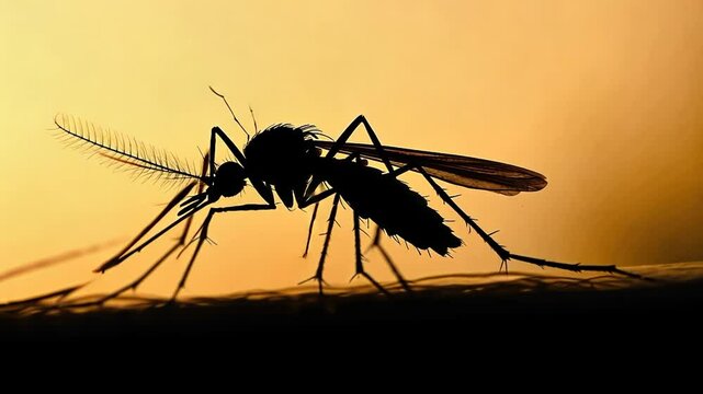 Mosquito silhouette on skin at sunset
