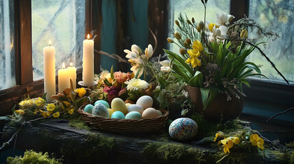 Ostara altar with flowers, candles, and decorated eggs in natural setting