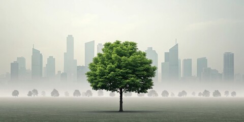 A misty city skyline shrouded in smog, with a single vibrant green tree standing in the foreground, symbolizing the contrast between urban pollution and nature