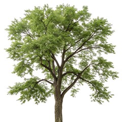 Fototapeta premium Lush black locust tree with a dense canopy and twisting branches, isolated on white, highlighting its natural beauty and intricate details