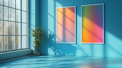 Fototapeta premium Two empty white vertical poster mockups with rainbow light refraction effect on a mint blue background.