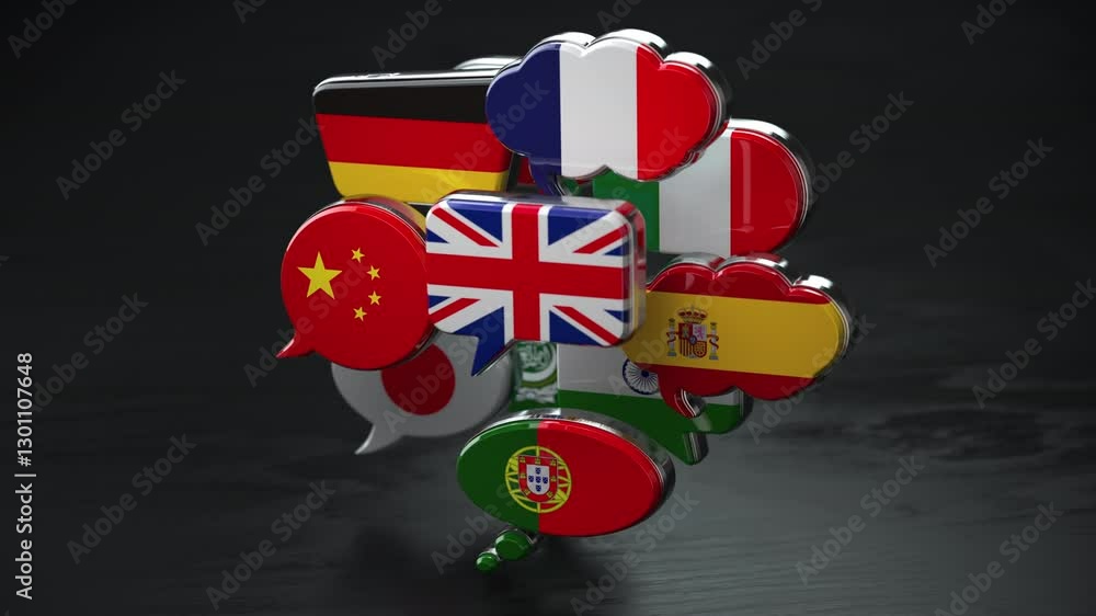 Aufkleber dictionary, translating and learning languages online. speech bubbles with various flags.