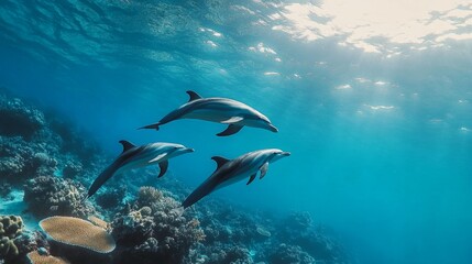 Fototapeta premium beautiful ocean view with zero plastic pollution, dolphins and turtles swimming freely, vibrant coral reefs thriving