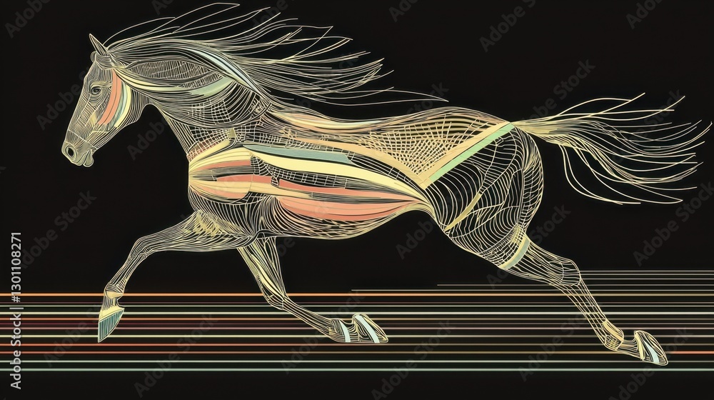Poster dynamic portrayal of a galloping horse, showcasing anatomical structures and motion on a dark backgr
