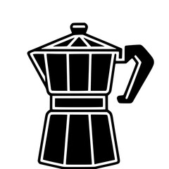 Black and white illustration of a classic stovetop espresso maker, featuring a hexagonal design and a sturdy handle.