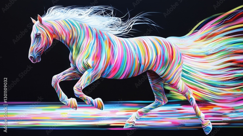 Poster colorful horse running swiftly with vibrant strands flowing in a dark background