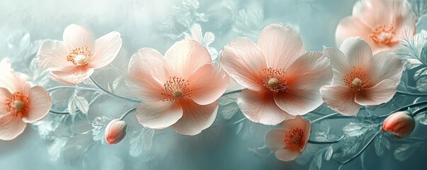 a cluster of delicate pink flowers on a decorative branch with soft petals and green leaves.