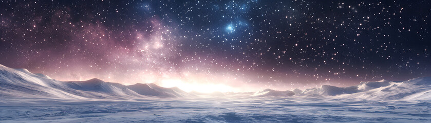 Fototapeta premium dreamy and atmospheric depiction of starry night sky over snowy landscape, showcasing vast expanse of stars and glowing horizon