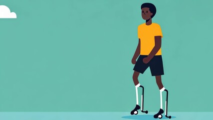 Athlete with prosthetic running blades wearing a yellow shirt and black shorts on a minimalist green background Inclusivity and adaptive sports concept for motivational and design purposes - Powered by Adobe