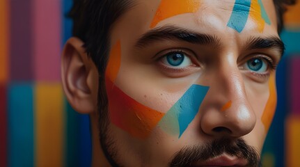 Vibrant Portrait of Young Man with Colorful Paint Splattered on Face and Background. generative.ai