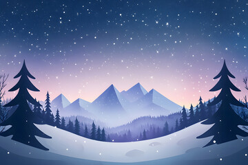 Fototapeta premium serene winter landscape featuring snow covered mountains and evergreen trees under starry night sky. soft pastel colors create magical atmosphere