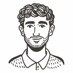 Hand Drawn Portrait of Bearded Man with Curly Hair and Casual Shirt in Vector Style