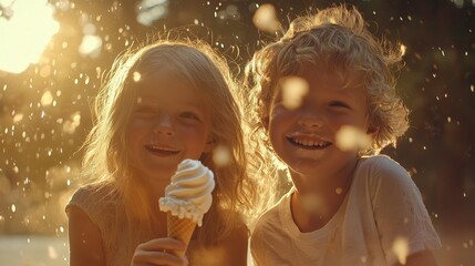 Joyful children enjoying ice cream on a sunny day amidst sparkling water droplets