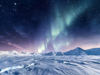 mesmerizing polar night scene featuring vast glaciers under starry sky illuminated by northern lights. ethereal glow creates magical atmosphere in icy landscape