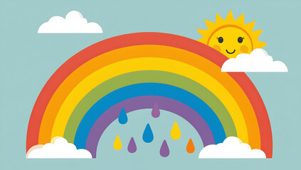 Rainbow with smiling sun and raindrops