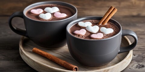 Hot Chocolate with Heart Shaped Marshmallows on Wooden Tray