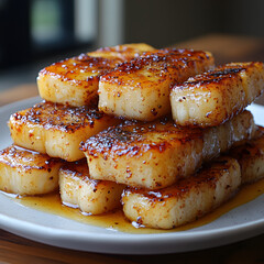 Stacked caramelized cheese squares on plate