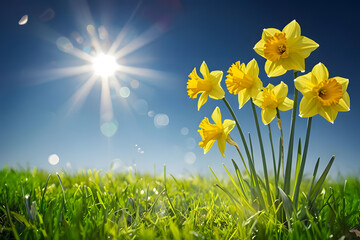 Yellow flowers on green background, Vibrant Yellow Daffodils Blooming Under A Bright Sky