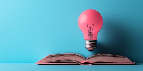 Pink bulb floats over open book, blue background, education