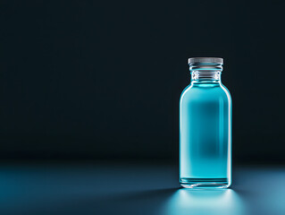 vintage apothecary style glass bottle filled with bright blue liquid, illuminated against dark background, creates striking visual contrast