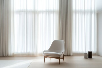 minimalist living room with neutral color palette and focus on single designer chair set against serene background