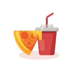 Food illustration. Piece of pizza with drink with straw on white background