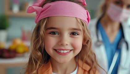 Find comfort and care in a heartwarming scene A happy child patient receiving a bandage with a smile from a kind doctor Experience the joy of healing as a young girl beams with happiness after