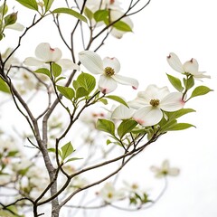 Obraz premium Delicate dogwood blossoms with soft white petals and green leaves against a light, airy background, capturing the beauty of spring