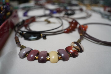 Jewelry made of natural stones and minerals. Craft fair.