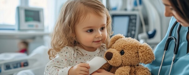 Heartwarming Image A Caring Doctor Gently Placing a Bandage on a Childs Arm, a Powerful Symbol of Care and Compassion Witness the pure innocence as a young patient receives medical attention with