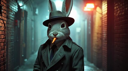 A mysterious anthropomorphic rabbit dressed as a noir detective, wearing a fedora and trench coat, stands in a dimly lit alley while chewing on a carrot