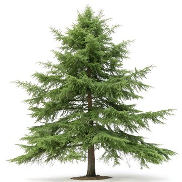 Towering eastern hemlock tree with vibrant green needles, isolated on a pure white backdrop, emphasizing the trees natural symmetry