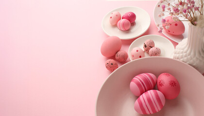 Easter holiday. Festive composition. Food decor. Homemade ornament. Creative colorful arrangement of painted pink blue yellow eggs with cute bunny chicken pattern isolated on light pastel background.