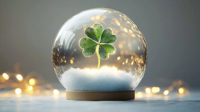 A vibrant four-leaf clover in a glass snow globe surrounded by twinkling fairy lights, perfect for St. Patrick's Day celebrations and spring-themed designs.