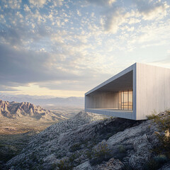A minimalist mountain sanctuary with overlapping concrete plumes, matte gray textures, and metallic window accents, blending seamlessly into rugged terrain.